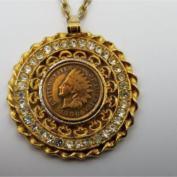 1906 Indian head authentic coin crystal encrusted necklace rare and unique jewel - Picture 1 of 3